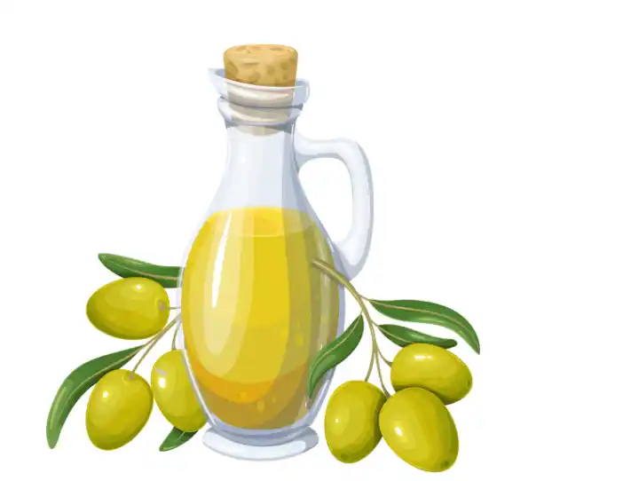 ilustración de una aceitera y olivas alrededor